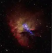 NGC 281 in the optical (red, yellow) and X rays (blue)