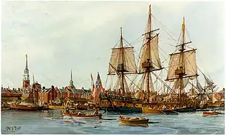 Lieutenant John Paul Jones raising the "Grand Union" flag as Alfred was placed in commission at Philadelphia, Pennsylvania, 3 December 1775 by W. Nowland Van Powell