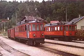 St Cergue was the main town on the NSCM route. Trains of 1914-16 motors pass in 1979.