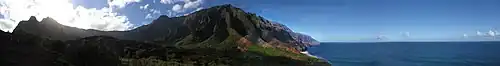 Panoramic view from the Kalalau trail of the Kalalau Valley and beach