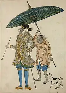 Nagasaki print of a Dutchman with his Javanese manservant and a dog, c. last quarter 18th century