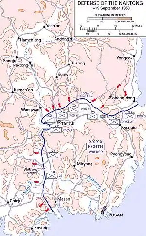 Topographic map of a defensive line along the southeast tip of a peninsula