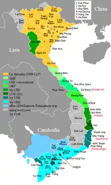 Image 33Map of Vietnam showing the conquest of the south (the Nam tiến, 1069–1757). (from History of Asia)