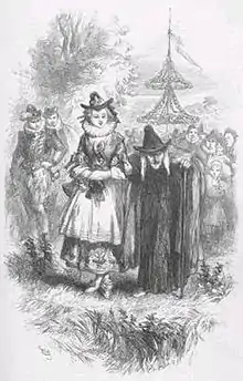 A black and white illustration depicts an upright young lady in a Tudor dress with a hunched old woman in the archetypal attire of a witch (a long black dress, large cane and pointed black hat) holding on to her left arm. A large crowd stands behind the pair.