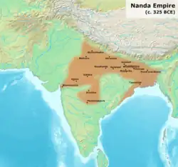 Possible extent of the Nanda Empire under its last ruler Dhana Nanda (c. 325 BCE).