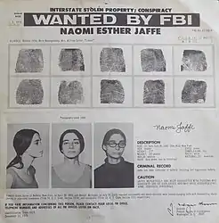 A flyer showing three mug shots of Naomi Jaffee with fingerprints