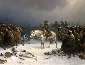 Man on a white horse surrounded by hunched over troops marching through the snow. Dead bodies and broken wagons litter the ground.