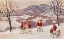 Painting of six women in traditional costume carrying packages on their heads, accompanied by two children, all walking along a snow covered road, with mountains, bare trees, and a small cottage in the background.