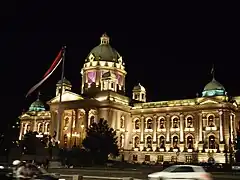 The building, decoratively lit