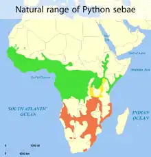 Map of Africa showing highlighted range of two subspecies covering much of the continent south of the Sahara Desert