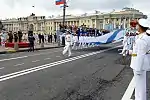 A flag raising ceremony on Senate Square.