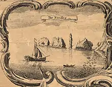 The Needles from Isaac Taylor's "one inch map" of Hampshire, published in 1759, showing Lot's Wife, the needle-shaped pillar that collapsed in a storm in 1764