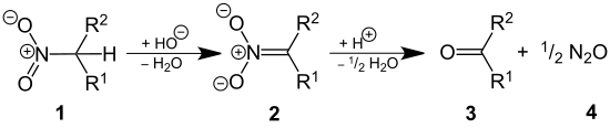 The Nef reaction:
1. Salt of a nitroalkane 3. Ketone 
4. Nitrous oxide