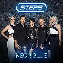 A single cover with two men and three women in front of a blue background