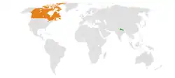 Map indicating locations of Nepal and Canada