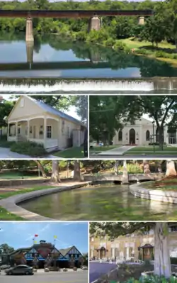 Top, left to right: Guadalupe River, August Dietz Cottage, First Protestant Church, Comal River in Landa Park, Schlitterbahn, Hotel Faust