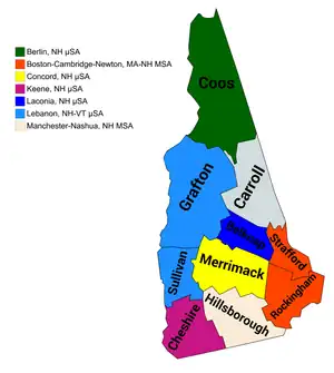 Map of the seven core-based statistical areas in New Hampshire.