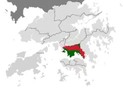 Approx. location of New Kowloon (in red), compared to the Kowloon geographical constituencies of the Legislative Council (in green); Note that the new 13/31 runway of the former Kai Tak Airport reclaimed land (also coloured in green) did not exist until the 1950s.