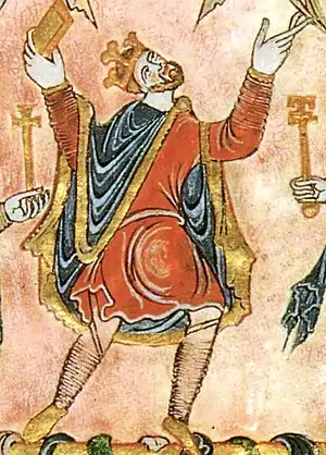 Image 21Edgar I of England in short tunic, hose, and cloak, 966 (from History of clothing and textiles)