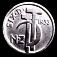 A coin model featuring two hammers with a sickle overlayed between them, alongside the labels SIX D, NZ, and 1933.