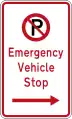 (R6-79.1) No Parking: Emergency Vehicle Stop (on the right of this sign)