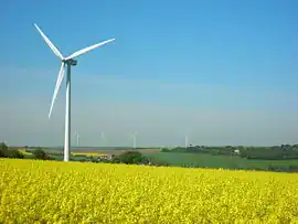 The village and wind turbines