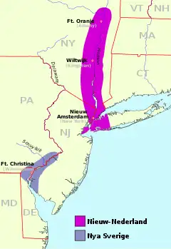 Image 32A map of New Netherland (in magenta) and New Sweden (in blue) in the 17th century; New Sweden was later absorbed by New Netherland and then the British in the Second Anglo-Dutch War. (from History of Pennsylvania)