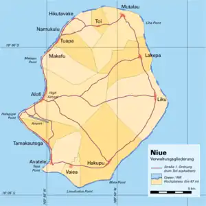 Administrative map of Niue showing all the villages