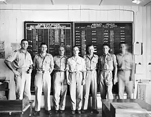 Seven men in military dress standing in front of blackboards