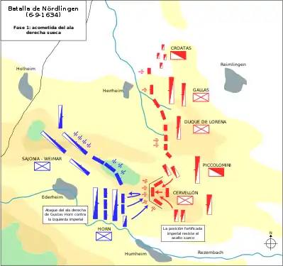 Phase 1; (Blue) Swedish assault takes the Albuch before being repulsed by (red) Spanish infantry and Bavarian cavalry led by Ottavio Piccolomini