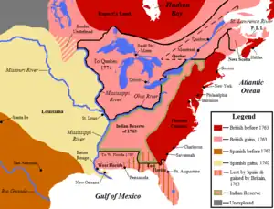 Image 10Map showing British territorial gains following the Treaty of Paris in pink, and Spanish territorial gains after the Treaty of Fontainebleau in yellow. (from History of Oklahoma)