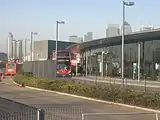 The bus station with Canary Wharf in the distance