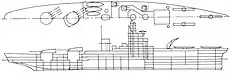 A line drawing of a ship with two stern gun turrets, both on the centerline, and catapults and a crane forward for aircraft