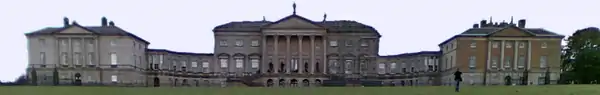 The North Front of Kedleston Hall main house with two flanking houses