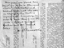  These papers were placed here 1 November 1920 by Rev. M. O'Flanagan & Sister Gerald (Carty) and Michael McDermot who was in charge of the electric engine of the Laundry, in order to save them from the raids of lloyd George's Auxiliaries & so-called police. M. O'Flannagáin.