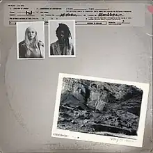 Grey background with pictures of DJ Haram and Moor Mother with a shipping label on top and a photo of a rocky terrain below