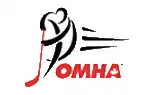 Stylized hockey player holding a hockey with OMHA in red block letters