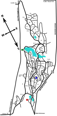 The cemetery is a slim property running northeast–southwest and bounded on the long sides by New York Route 40 and an old railroad bed. This map shows the length of the property vertically (north is to the top left). Toward the bottom is the main entrance and the Earl Crematorium. A third of the way into the propert, roughly center, is the location of the Warren Chapel. Middle left is the location of the panorama. The cemetery has about five man-made lakes and 29 miles of meandering roads creating a web of pathways on the property.