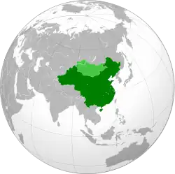 Map of the Republic of China (excluding the de facto independent Tibet) and its occupation of the Outer Mongolia and Uryankhay Krai regions (shown in light green).