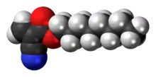 Space-filling model of the octyl cyanoacrylate molecule