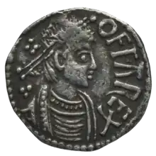 Coin with a man in profile surrounded by lettering reading OFFA REX