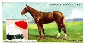 Ogden's cigarette card  depicting Coronach and Lord Woolavington's racing colours from 1926