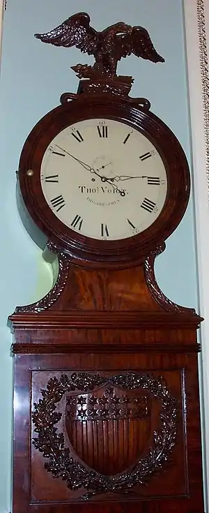 The Ohio Clock's face labeled by its creator  “Thos  Voigt Philadelphia” (Photographed by this article's writers in 2004 with permission of Mr. Richard Allan Baker, Historian of the U. S. Senate)