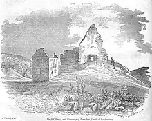 At etching showing the residence and church in the 19th century. Both buildings are in better condition than currently with the walls much more complete.