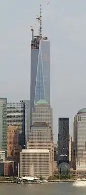 The spire beacon was installed on May 10, 2013, as seen here