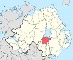 Location of Oneilland, County Armagh, in present-day Northern Ireland. It was based on the Irish district of Uí Nialláin.