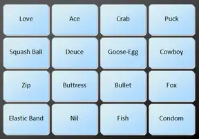 A four by four grid of 16 words: Love, Ace, Crab, Puck, Squash Ball, Deuce, Goose-Egg, Cowboy, Zip, Buttress, Bullet, Fox, Elastic Band, Nil, Fish, Condom