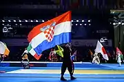 The Croatian flag during the 2015 World Fencing Championships opening ceremony in Moscow.