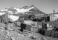 Base D, Hope Bay, under construction, 1 March 1945. Mount Flora behind.