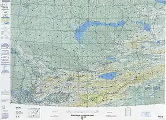 Map of the region including the Torugart Pass (unlabelled; roads can be seen) (DMA, 1985)